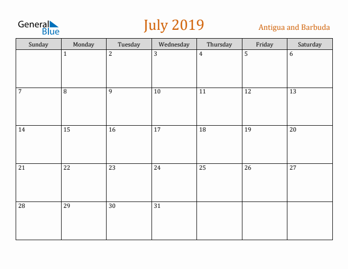 July 2019 Holiday Calendar with Sunday Start