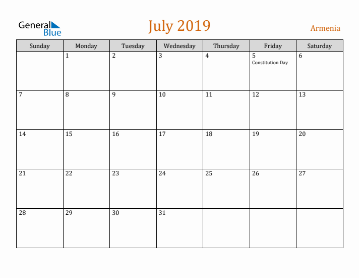 July 2019 Holiday Calendar with Sunday Start