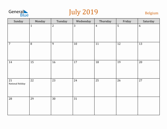 July 2019 Holiday Calendar with Sunday Start