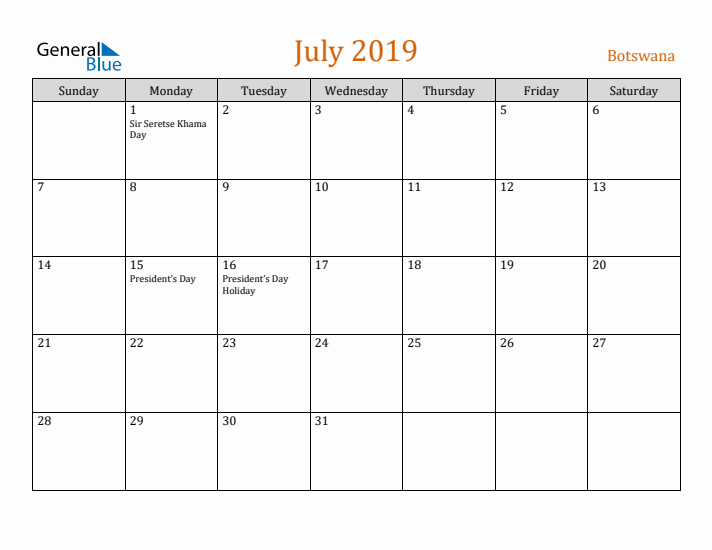 July 2019 Holiday Calendar with Sunday Start