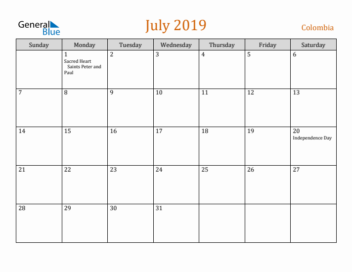 July 2019 Holiday Calendar with Sunday Start