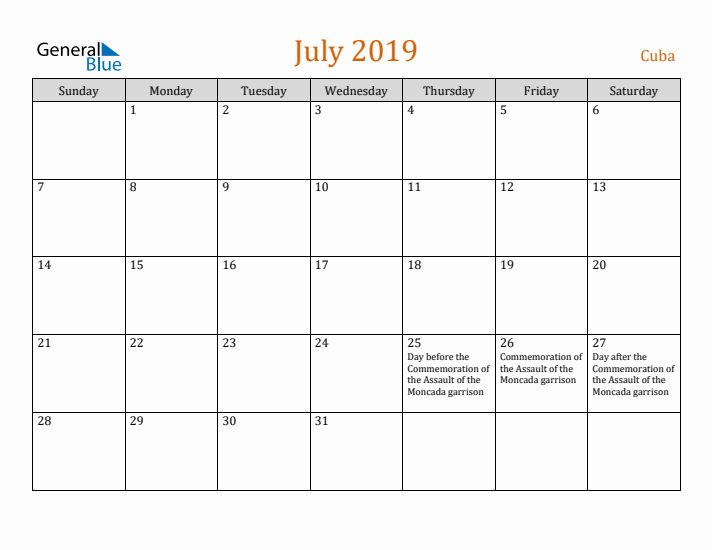 July 2019 Holiday Calendar with Sunday Start