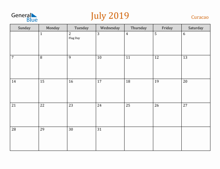 July 2019 Holiday Calendar with Sunday Start