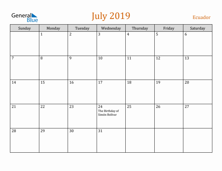 July 2019 Holiday Calendar with Sunday Start