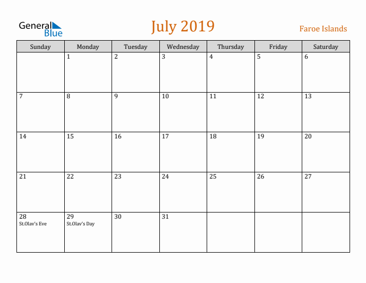 July 2019 Holiday Calendar with Sunday Start