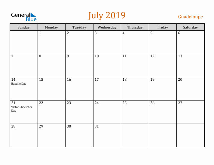 July 2019 Holiday Calendar with Sunday Start