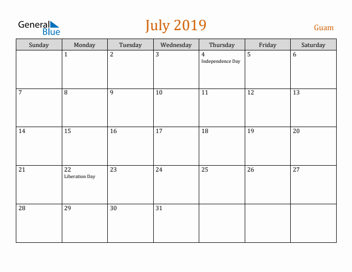 July 2019 Holiday Calendar with Sunday Start