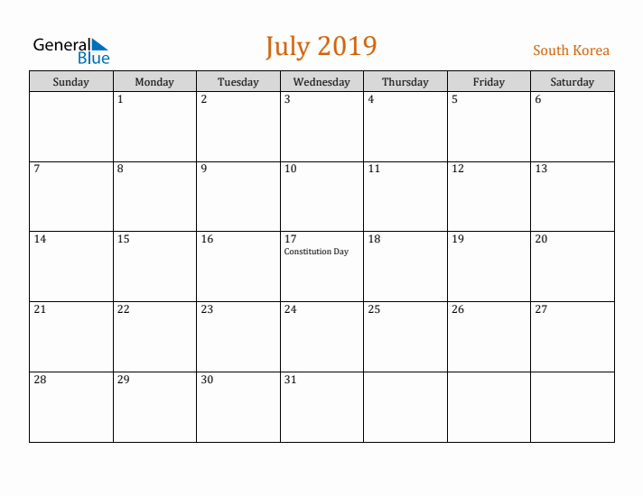 July 2019 Holiday Calendar with Sunday Start