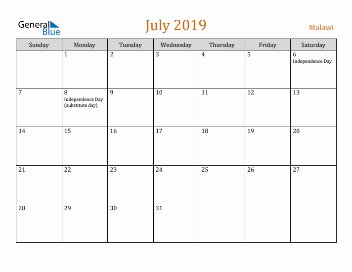 July 2019 Holiday Calendar with Sunday Start