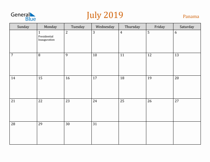 July 2019 Holiday Calendar with Sunday Start