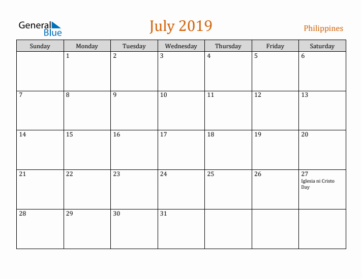 July 2019 Holiday Calendar with Sunday Start