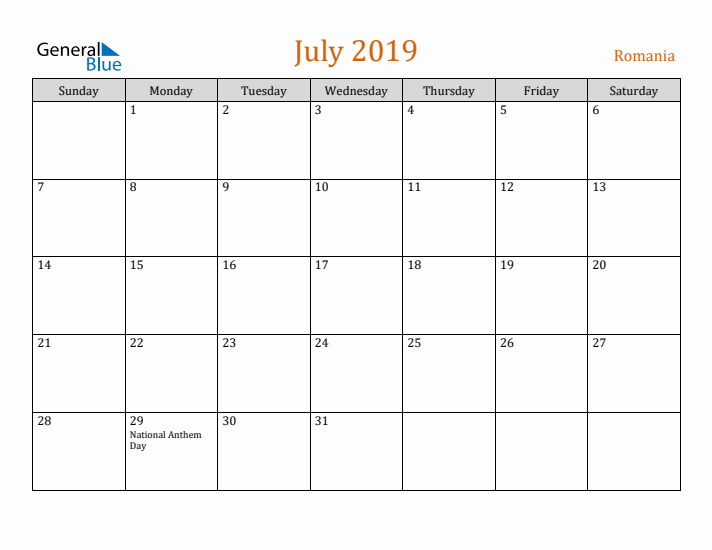 July 2019 Holiday Calendar with Sunday Start