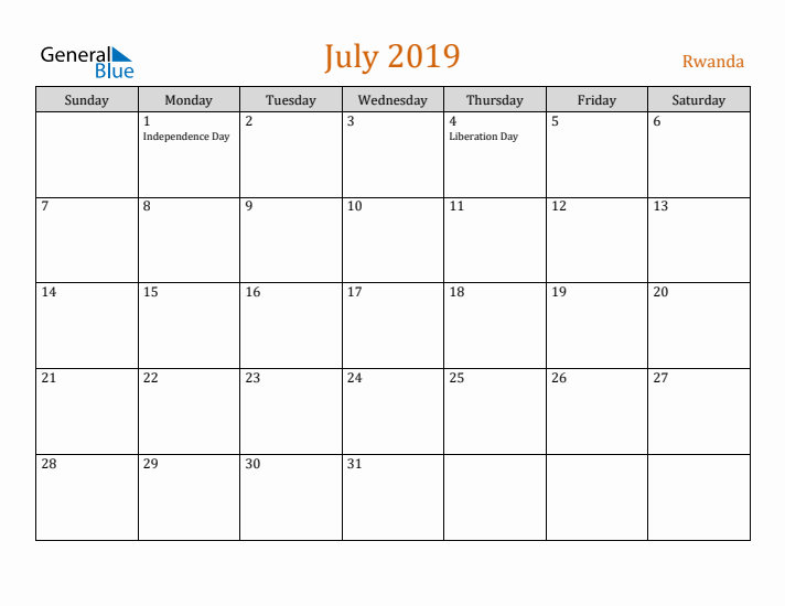 July 2019 Holiday Calendar with Sunday Start