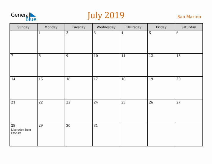 July 2019 Holiday Calendar with Sunday Start