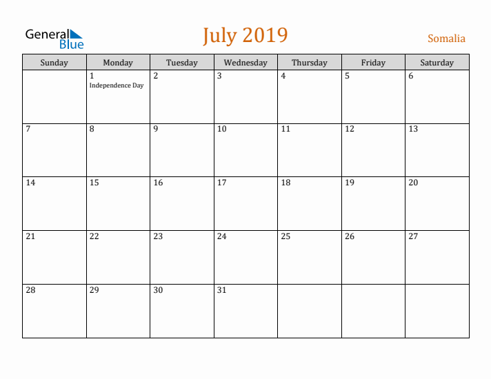 July 2019 Holiday Calendar with Sunday Start