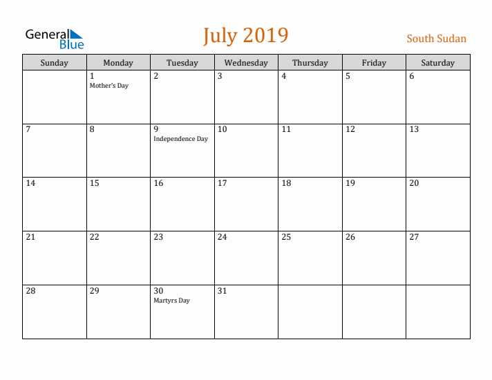 July 2019 Holiday Calendar with Sunday Start