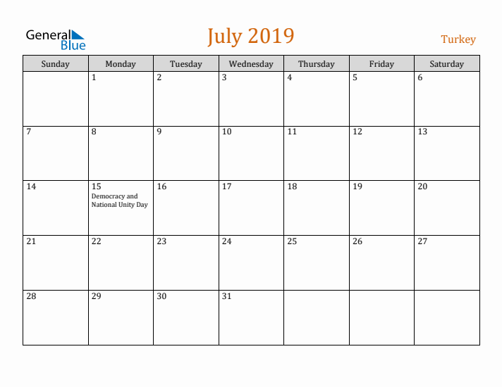 July 2019 Holiday Calendar with Sunday Start