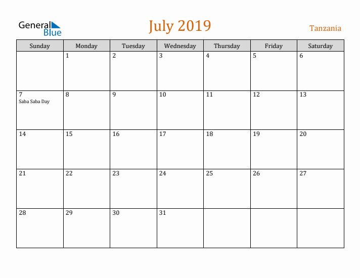 July 2019 Holiday Calendar with Sunday Start