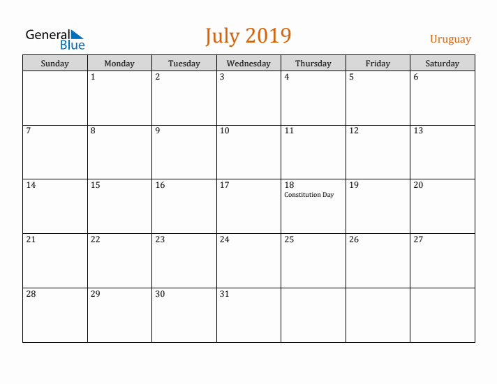 July 2019 Holiday Calendar with Sunday Start