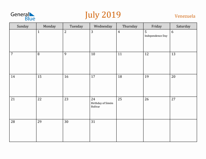 July 2019 Holiday Calendar with Sunday Start