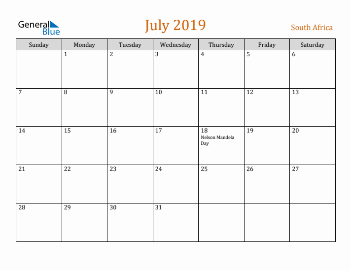 July 2019 Holiday Calendar with Sunday Start