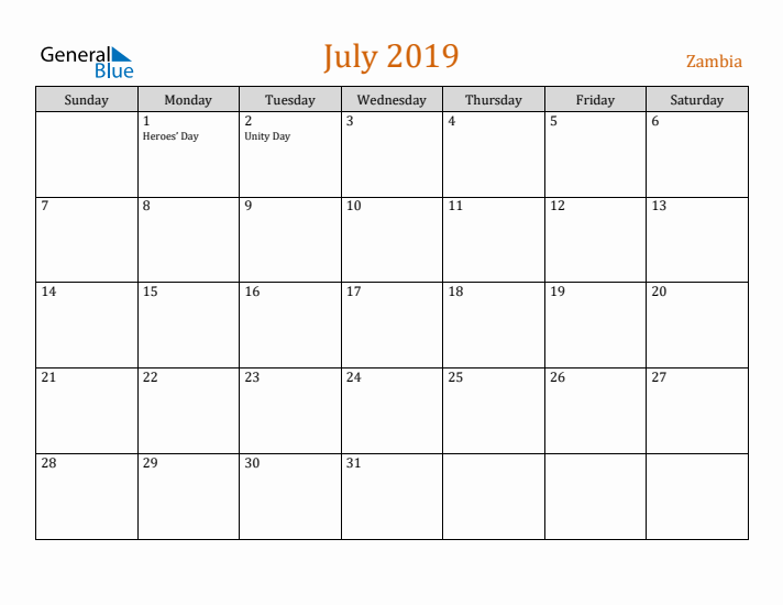 July 2019 Holiday Calendar with Sunday Start