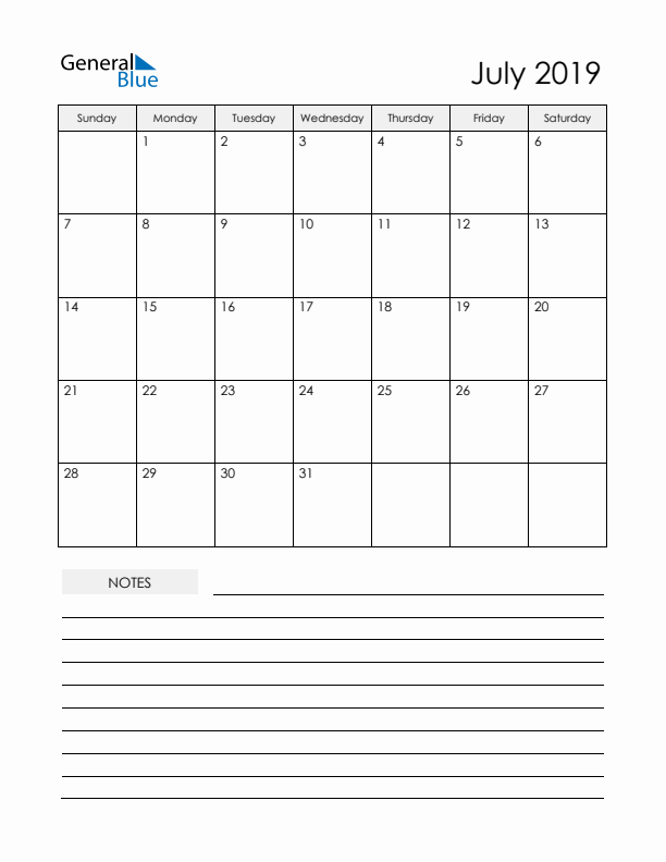 Printable Calendar with Notes - July 2019 