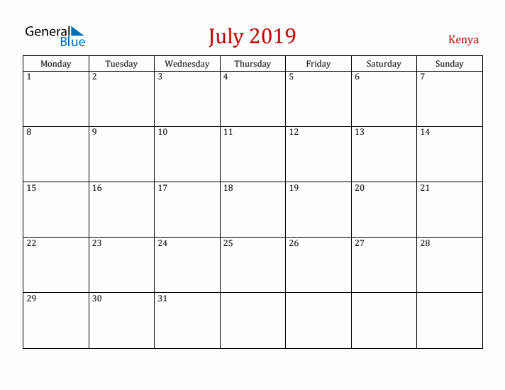 Kenya July 2019 Calendar - Monday Start