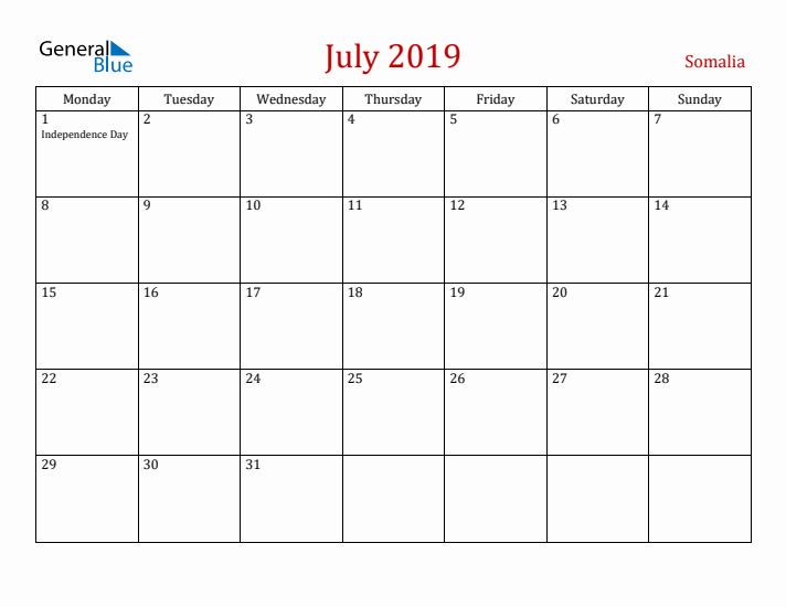 Somalia July 2019 Calendar - Monday Start