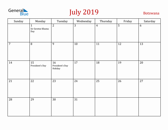 Botswana July 2019 Calendar - Sunday Start