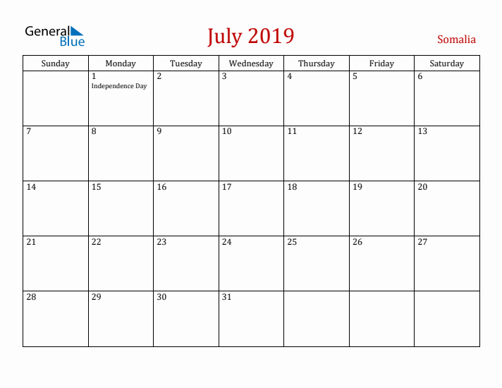 Somalia July 2019 Calendar - Sunday Start