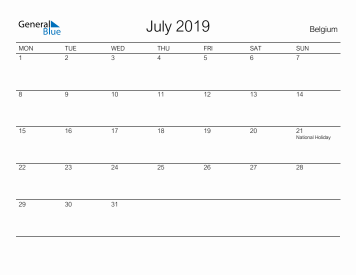 Printable July 2019 Calendar for Belgium