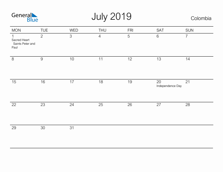 Printable July 2019 Calendar for Colombia