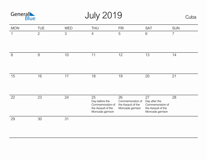 Printable July 2019 Calendar for Cuba