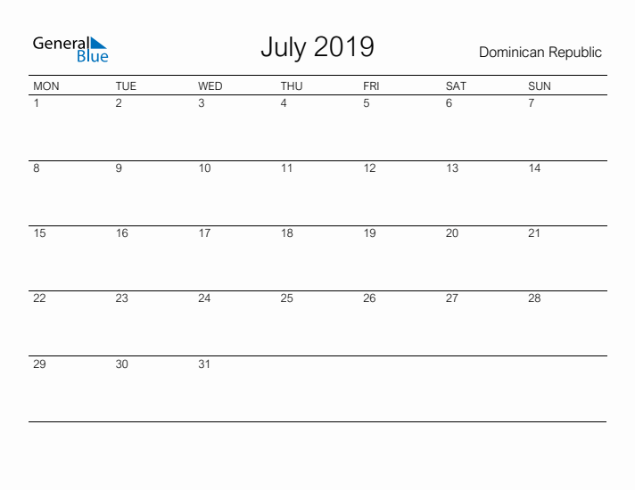 Printable July 2019 Calendar for Dominican Republic