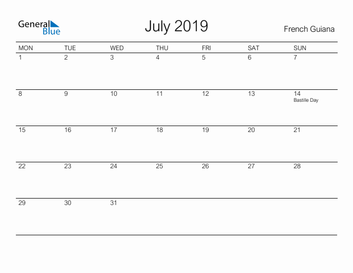 Printable July 2019 Calendar for French Guiana