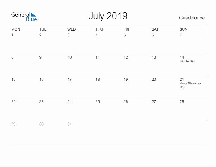 Printable July 2019 Calendar for Guadeloupe