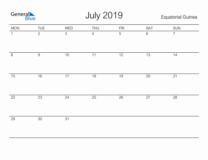 Printable July 2019 Calendar for Equatorial Guinea