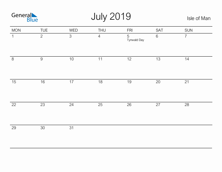 Printable July 2019 Calendar for Isle of Man