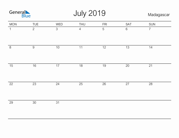 Printable July 2019 Calendar for Madagascar