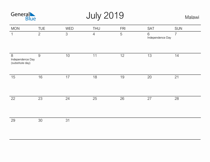 Printable July 2019 Calendar for Malawi