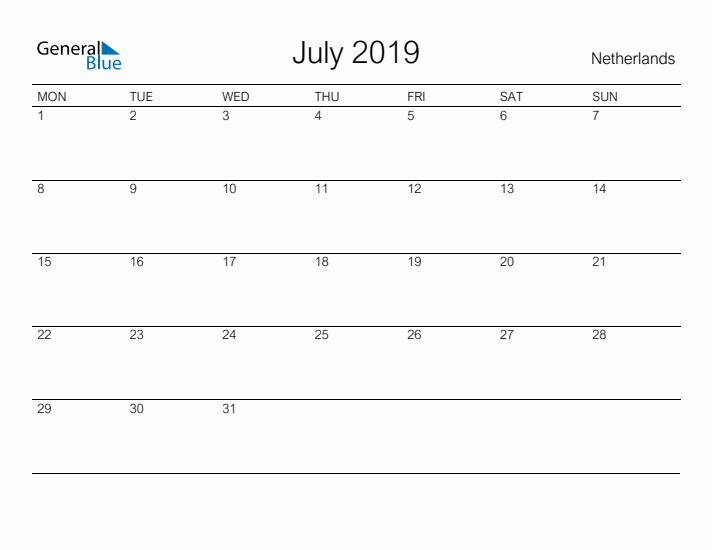 Printable July 2019 Calendar for The Netherlands