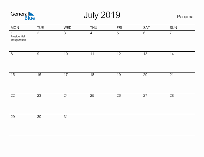 Printable July 2019 Calendar for Panama