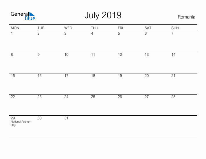 Printable July 2019 Calendar for Romania