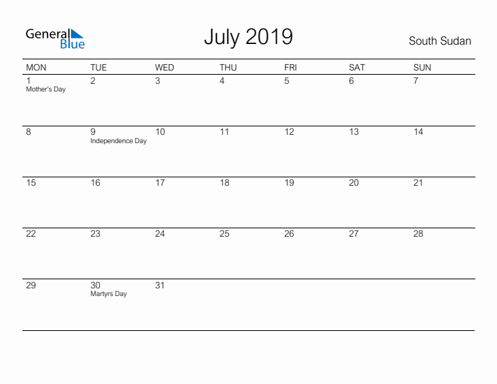 Printable July 2019 Calendar for South Sudan