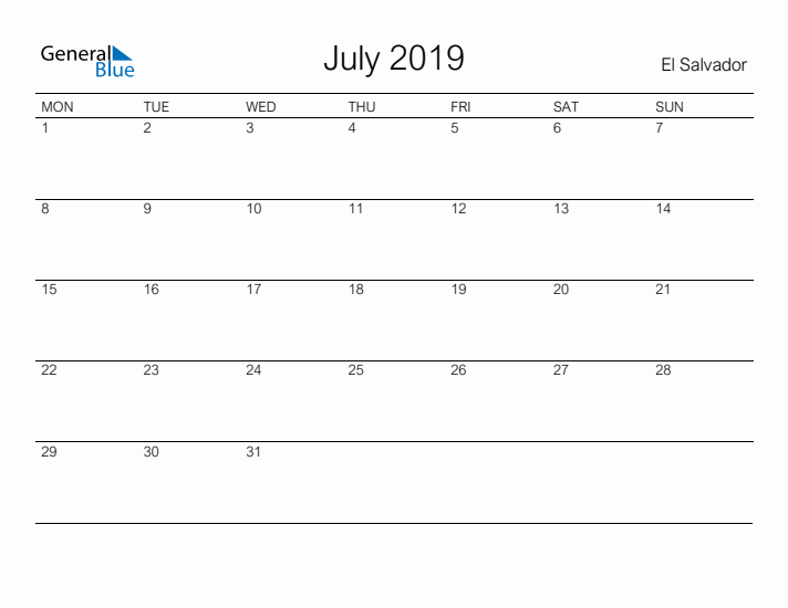 Printable July 2019 Calendar for El Salvador