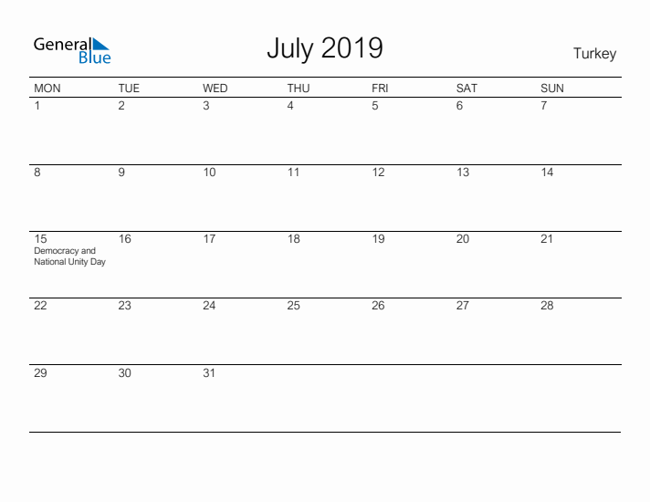 Printable July 2019 Calendar for Turkey