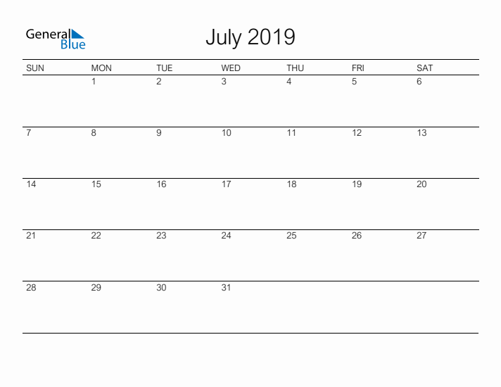 Printable July 2019 Calendar - Sunday Start