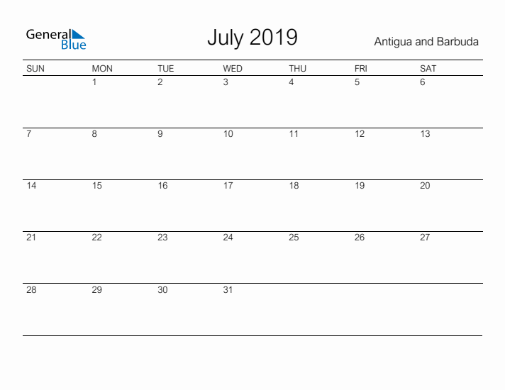 Printable July 2019 Calendar for Antigua and Barbuda