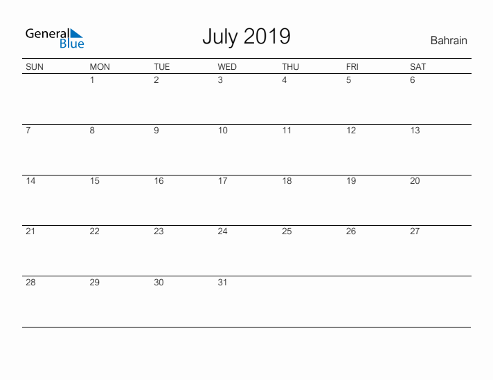 Printable July 2019 Calendar for Bahrain